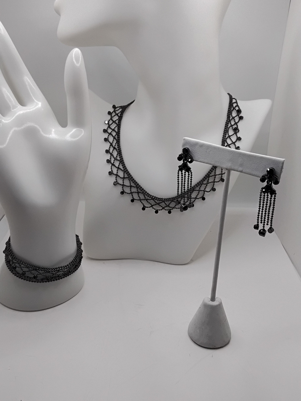 Vintage Givenchy Black Crystal Lace Necklace, Bracelet & Earring Set - EUC